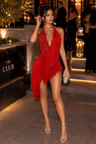 Jessica Bara Ajika Flower Fringe Halter Neck Backless Mini Dress
