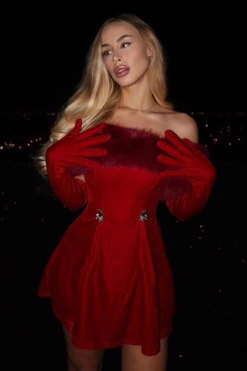 knee length dresses for ladies RARE LONDON Velvet Strapless Mini Dress With Gloves