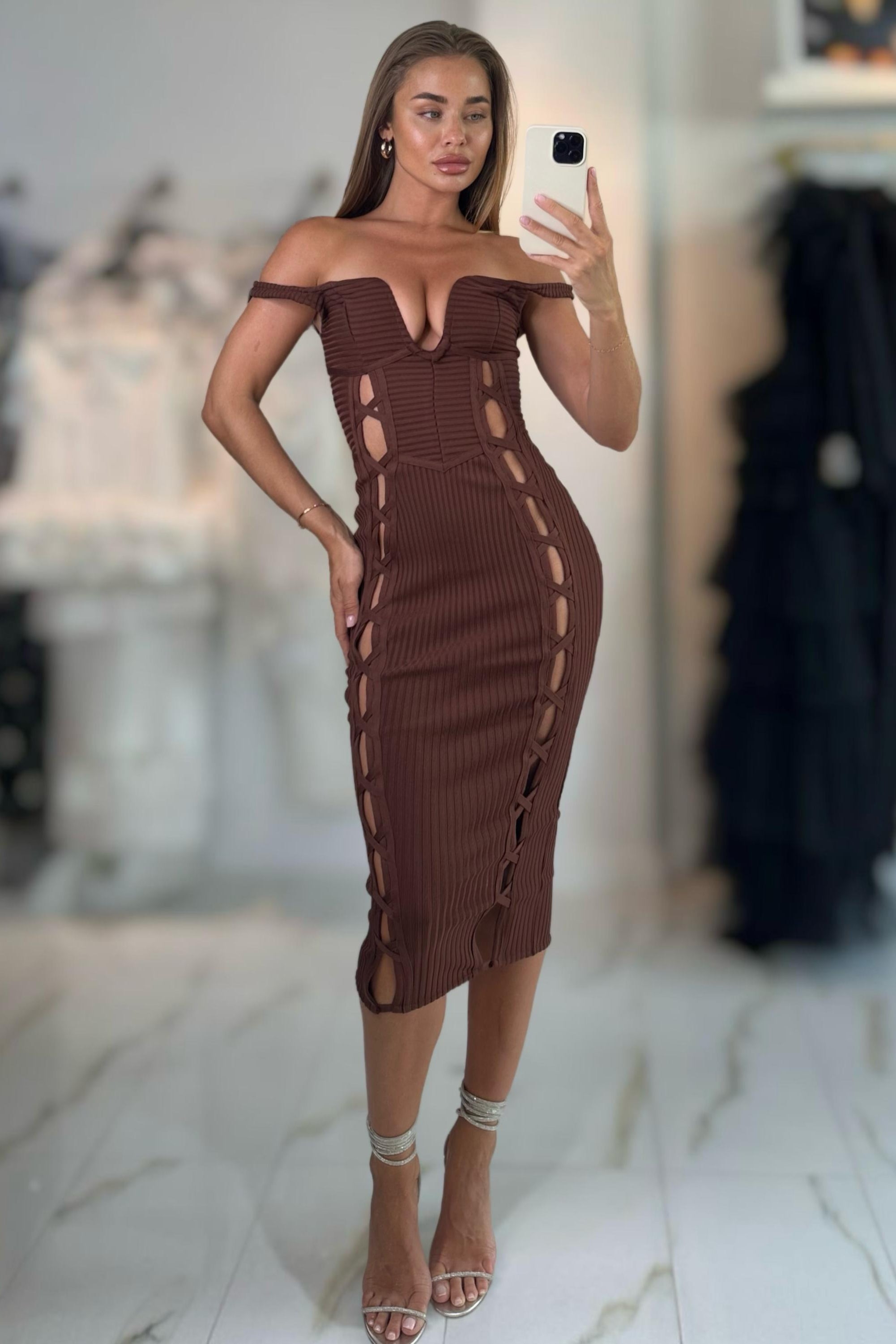 brown cut out midi dress Brown Cutout Strapless Midi Dress | Womens | XX-Small (Available in XXL, XS, S, M, L, XL) | Polyester/Spandex/Rayon/Nylon