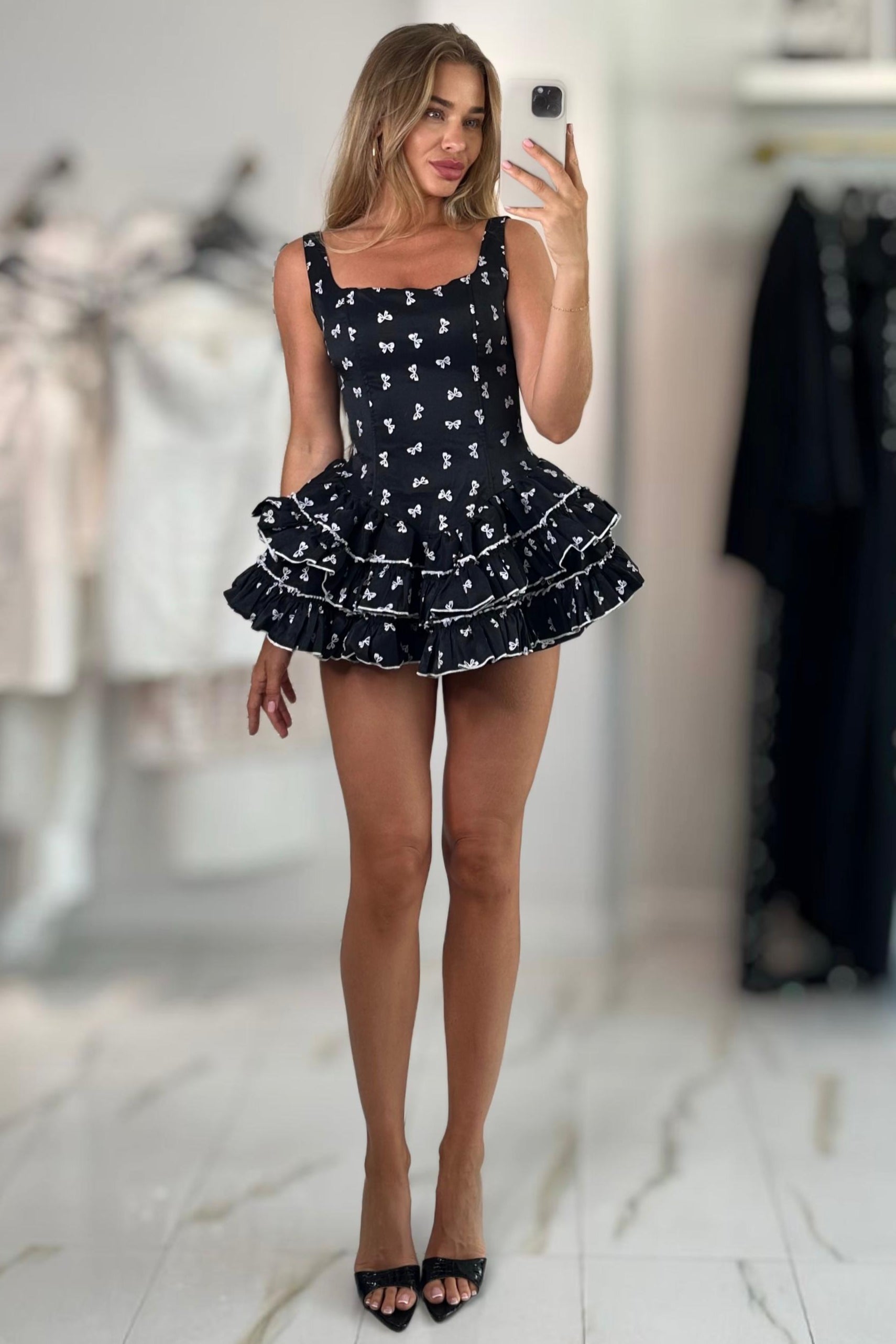 Jessica Bara Arjen Ribbon Ruffle Mini Dress and Shorts Two Piece Set