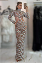 Jessica Bara Asora Crystal High Neck Long Sleeve Cut Out Gown