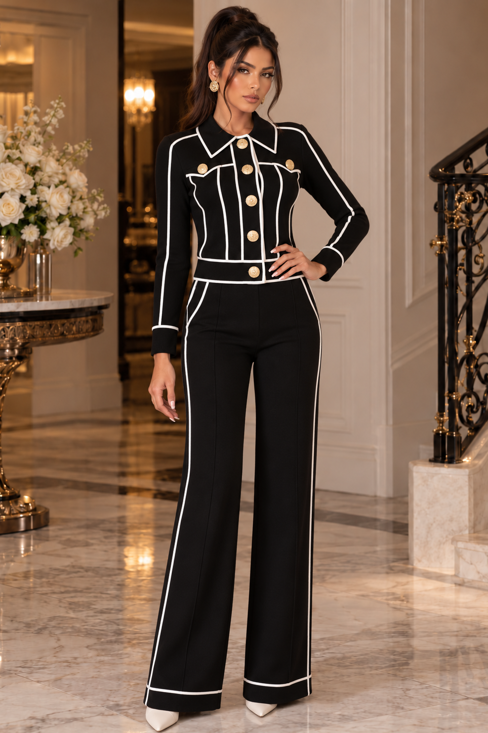 Jessica Bara Asya Gold Button Collared Long Sleeve Top and Pants Two Piece Set