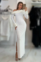 Jessica Bara Avara Off The Shoulder Fur Maxi Dress