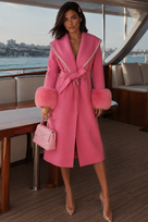 Jessica Bara Aver Fur Crystal Belted Long Coat