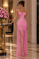 Jessica Bara Aviah Crystal Corset Fringe Maxi Dress