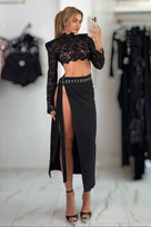 Jessica Bara Avla Lace Long Sleeve Top and Slit Maxi Skirt Two Piece Set