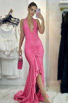 Jessica Bara Azura Halter Neck Backless Ruched Gown