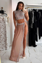 Jessica Bara Baren Crystal High Neck Top and Tie Maxi Skirt Two Piece Set