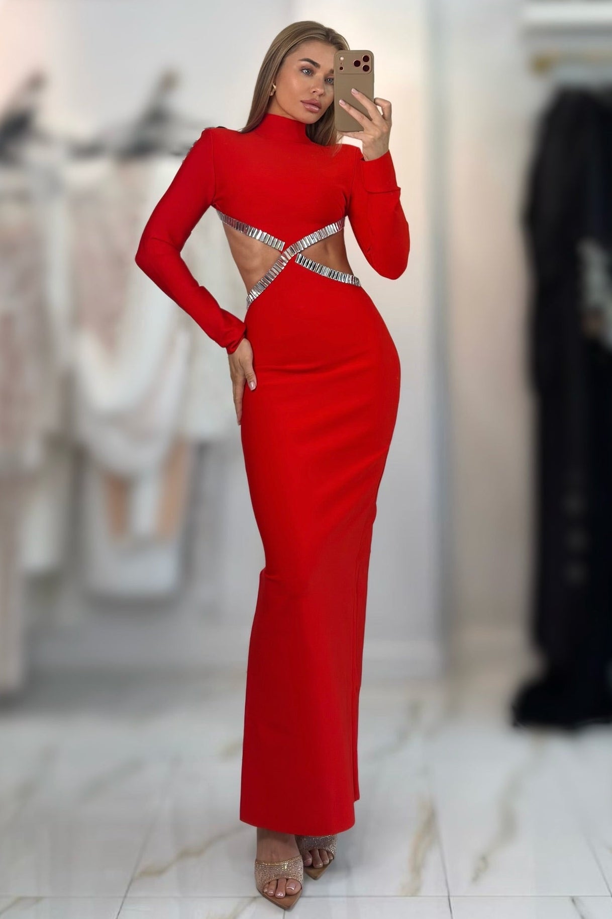 Jessica Bara Basera Long Sleeve Cut Out Maxi Dress