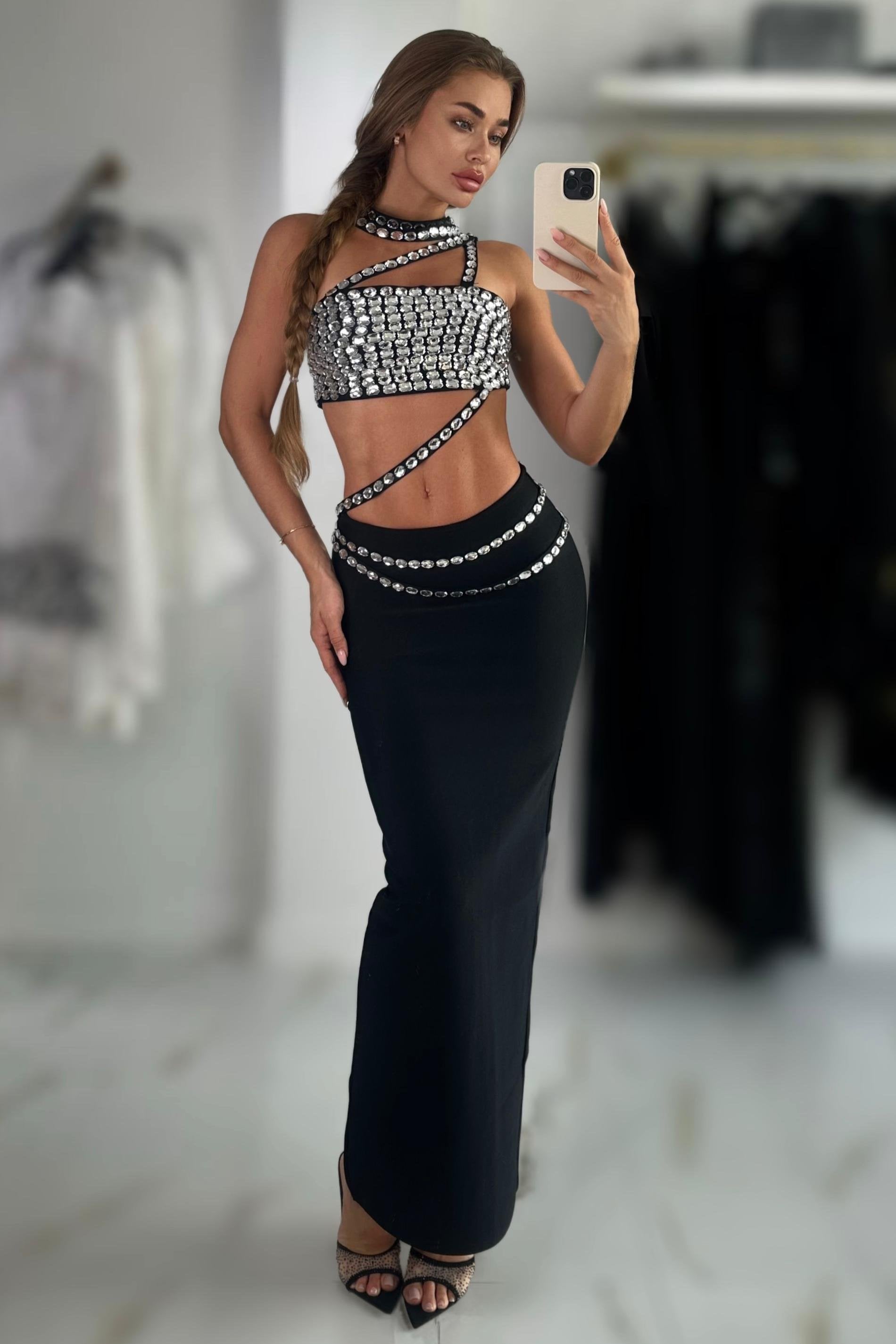 Jessica Bara Bendette Crystal Top And Maxi Skirt Two Piece Set