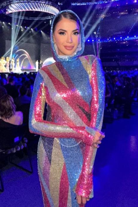 Jessica Bara Caline Sequin Hooded Long Sleeve Maxi Dress