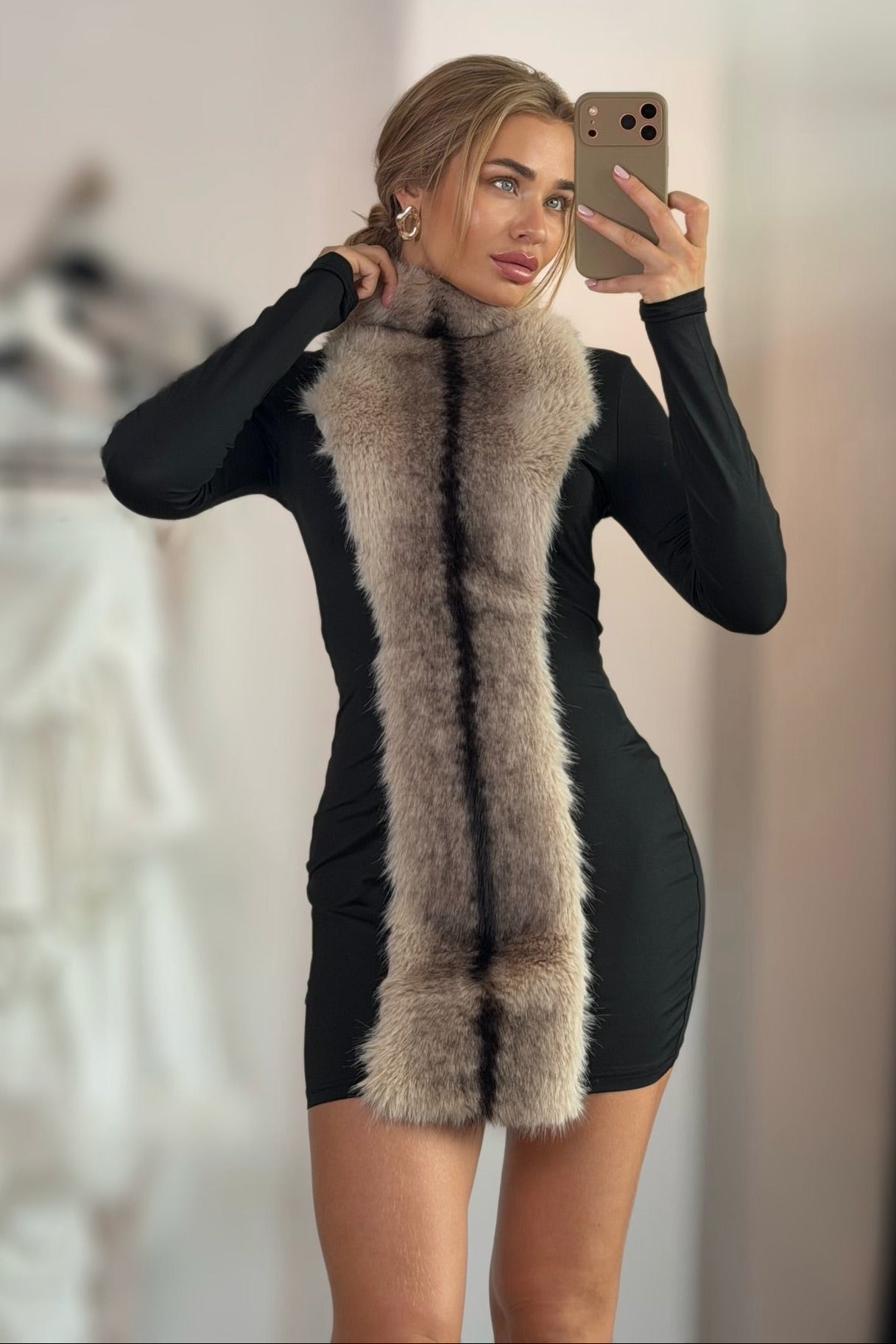 Jessica Bara Cavira Faux Fur Long Sleeve Mini Dress