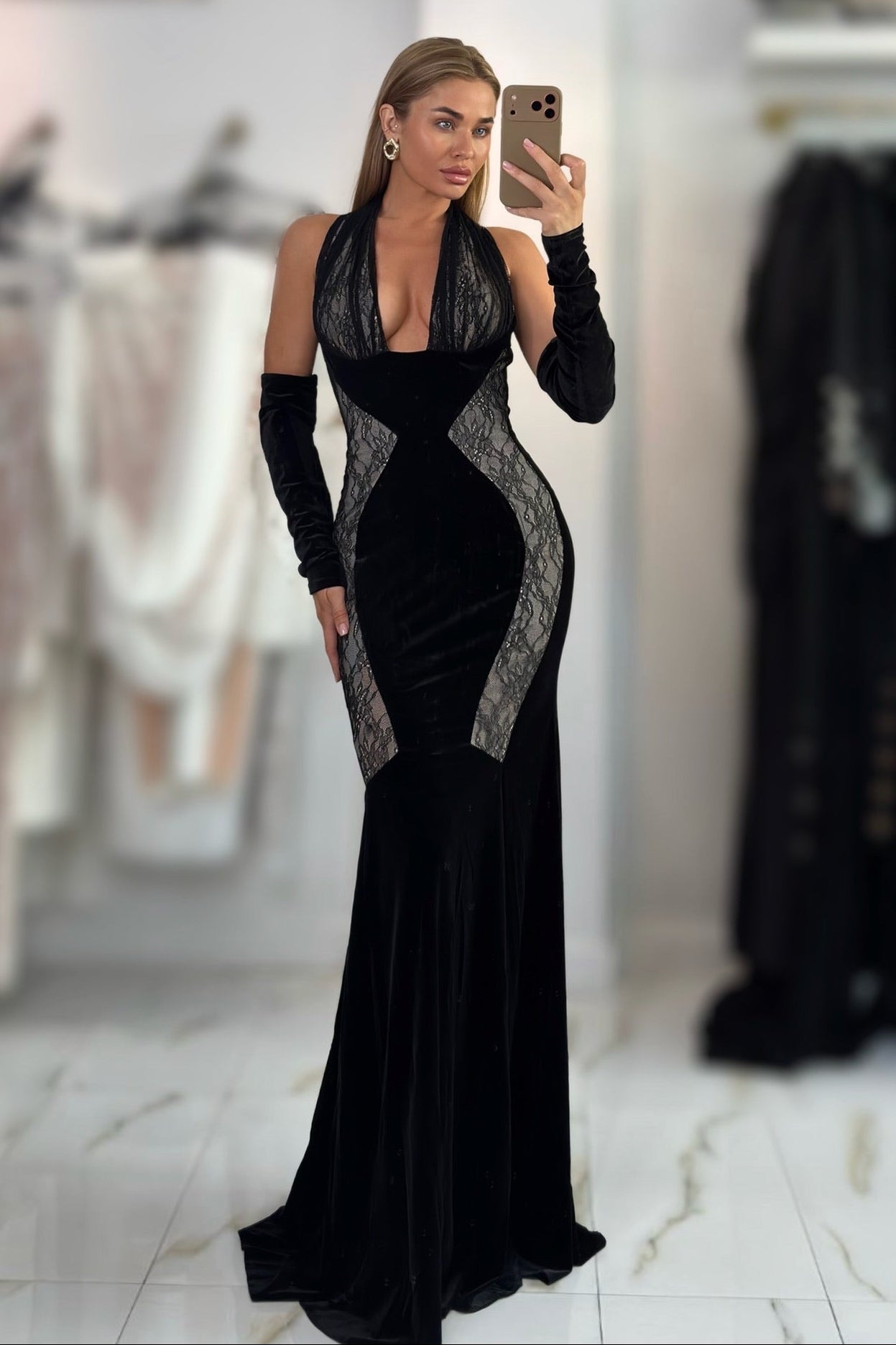 Jessica Bara Celery Lace Halter Neck Gown with Gloves