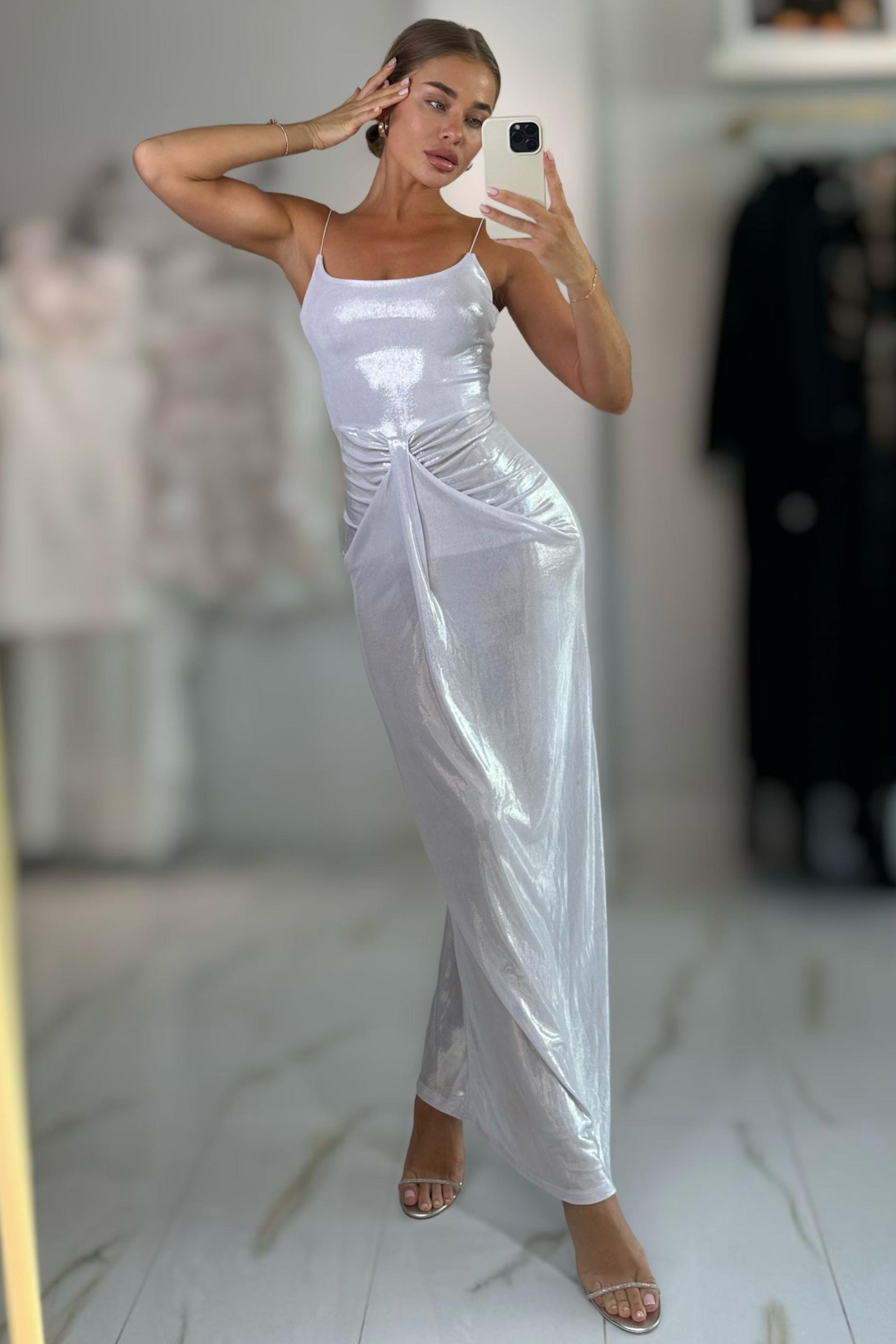 jessica sequin dress Long Sequin-Print Prom Dress with Deep V-Back Silver Fox / XSmall