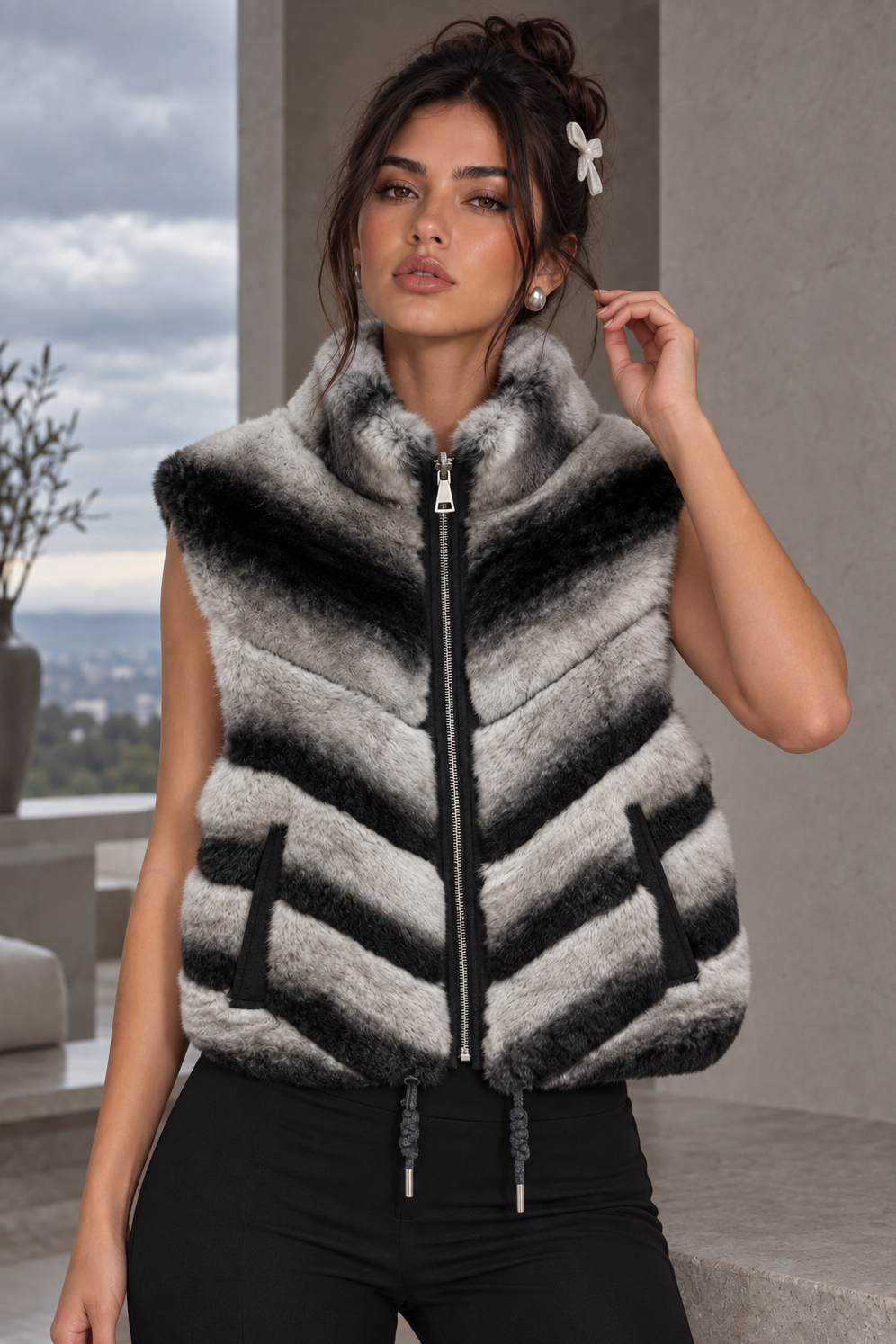 Jessica Bara Clorinde 2 Fur High Neck Zip Up Vest Top