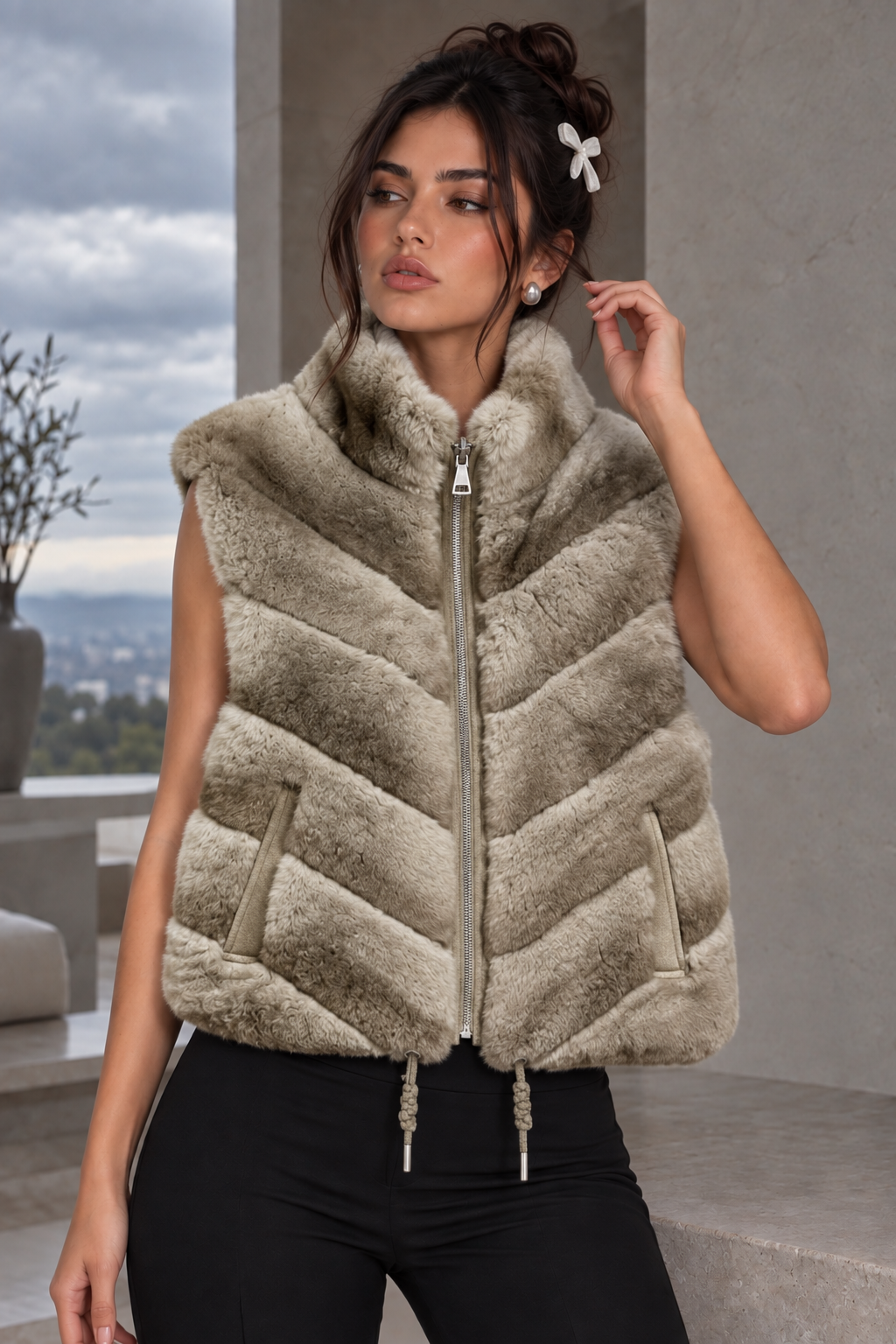 Jessica Bara Clorinde 2 Fur High Neck Zip Up Vest Top