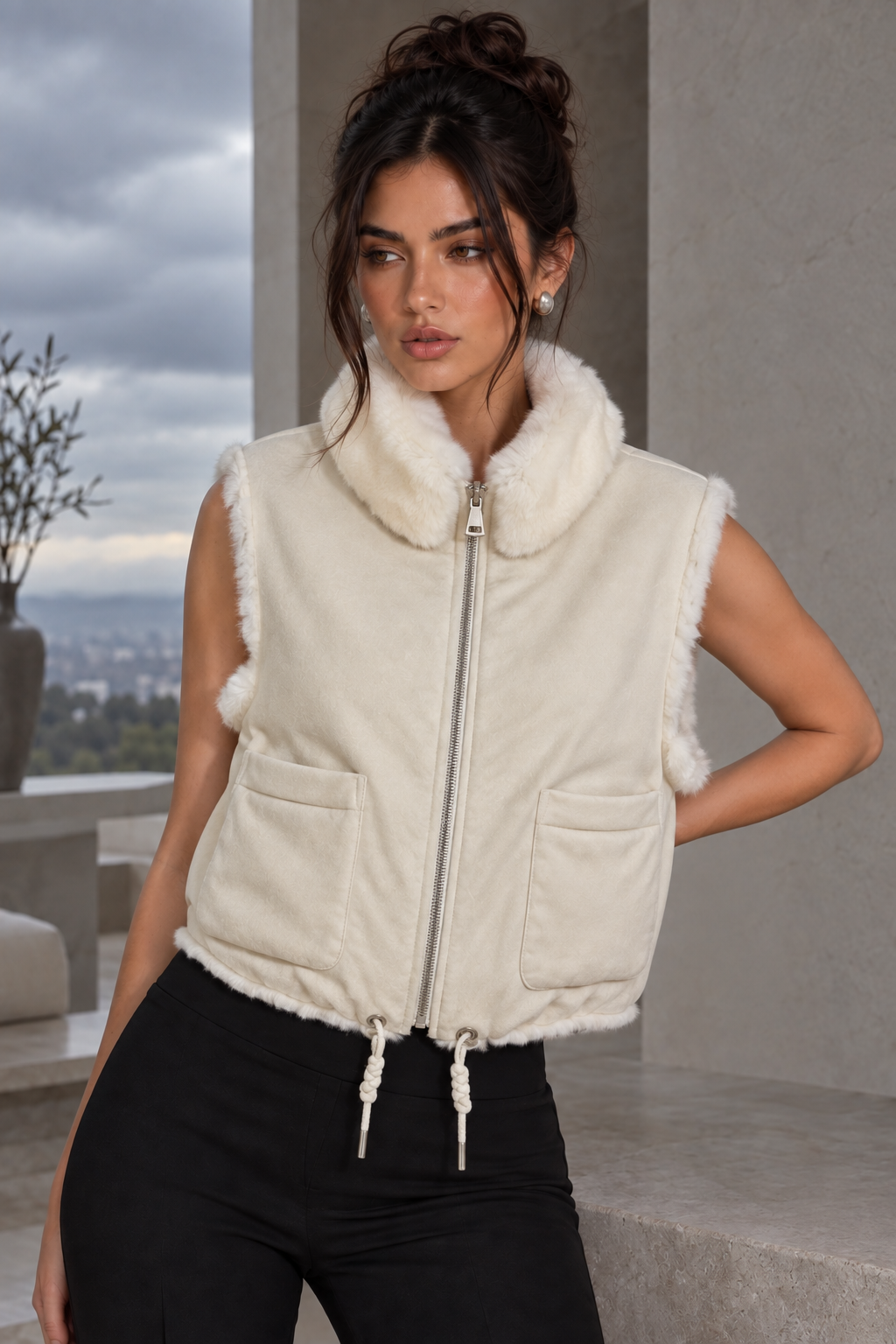 Jessica Bara Clorinde Fur High Neck Zip Up Vest Top