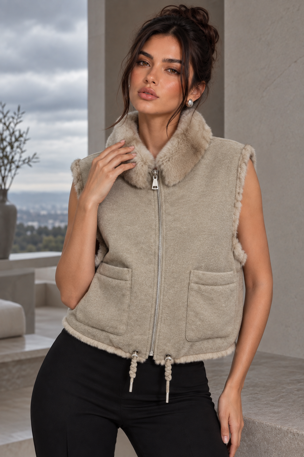 Jessica Bara Clorinde Fur High Neck Zip Up Vest Top