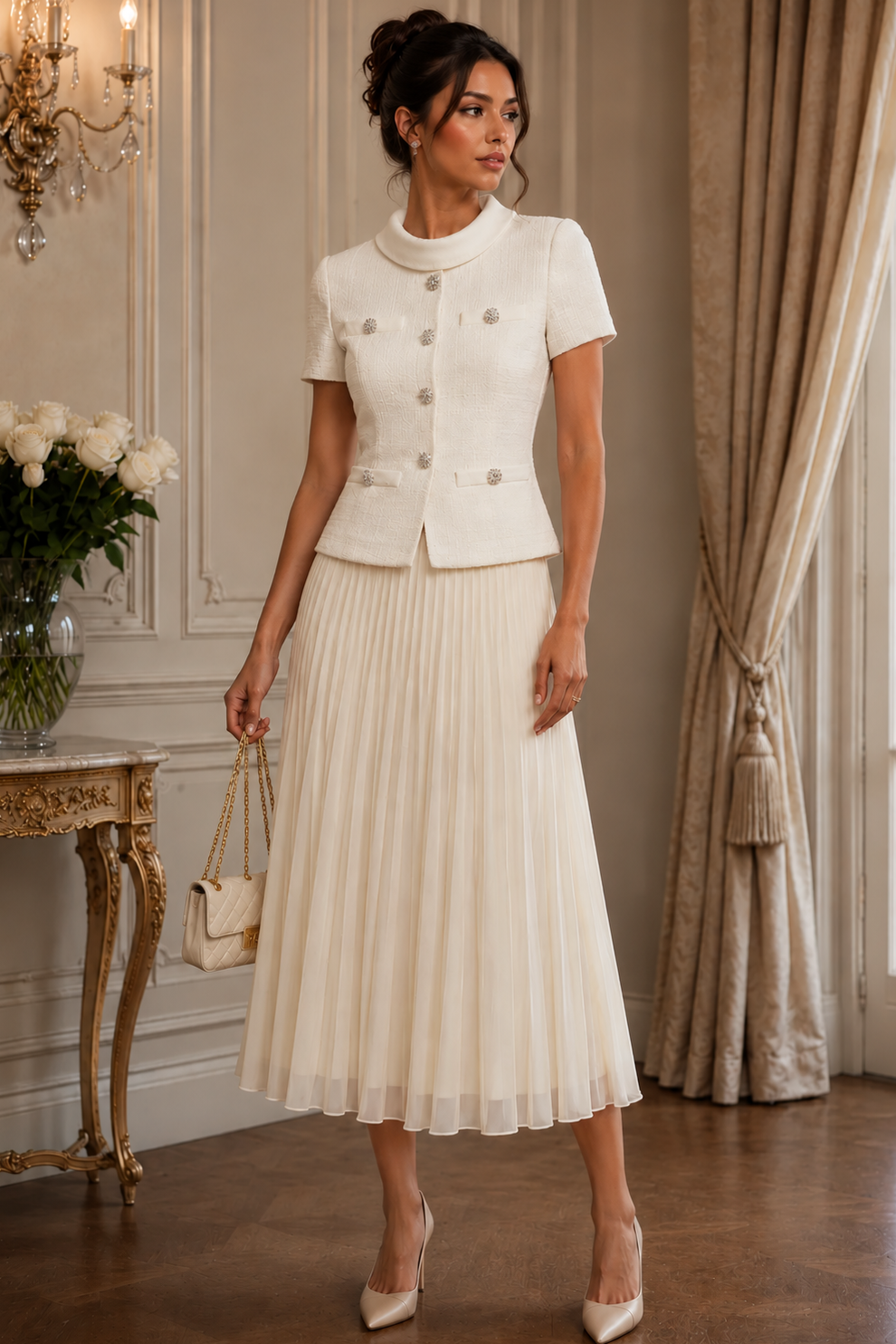Jessica Bara Dairie Tweed Pleated Maxi Dress