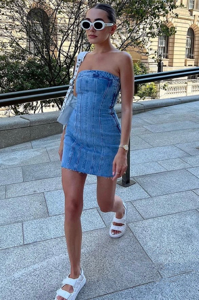 Jessica Bara Danica Strapless Tube Denim Mini Dress Jessica Bara Danica Strapless Tube Denim Mini Dress