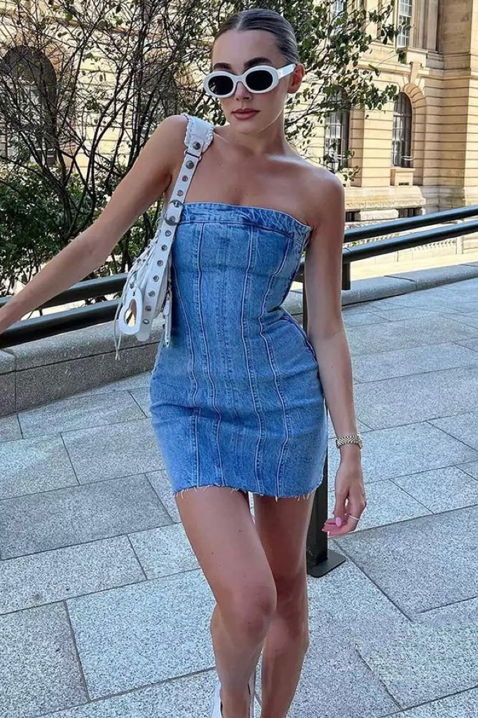 SALE Jessica Bara Danica Strapless Tube Denim Mini Dress