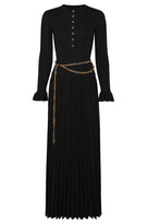 Jessica Bara Deborah Gold Button Long Sleeve Knit Top and Pleated Maxi Skirt Two Piece Set with Belt