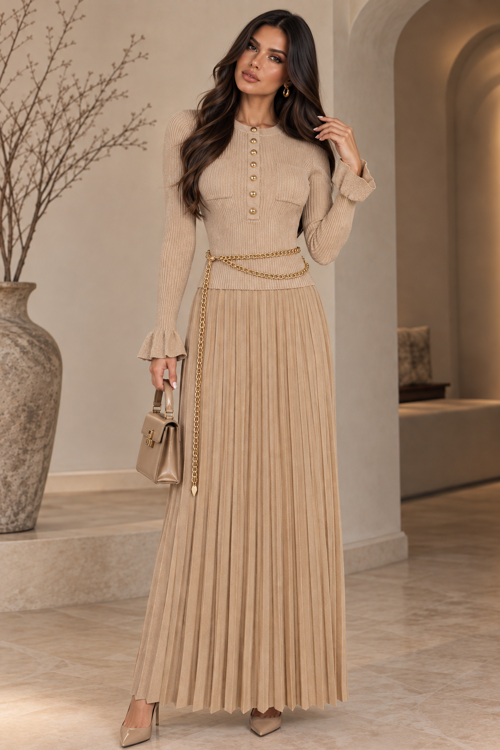 Jessica Bara Deborah Gold Button Long Sleeve Knit Top and Pleated Maxi Skirt Two Piece Set with Belt