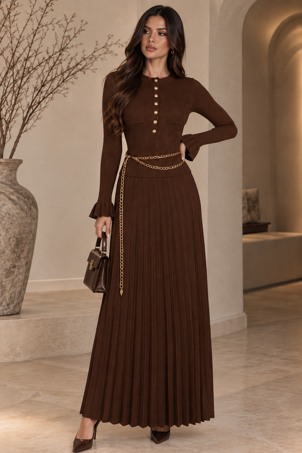 Jessica Bara Deborah Gold Button Long Sleeve Knit Top and Pleated Maxi Skirt Two Piece Set with Belt