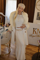Jessica Bara Deborah Gold Button Long Sleeve Knit Top and Pleated Maxi Skirt Two Piece Set with Belt