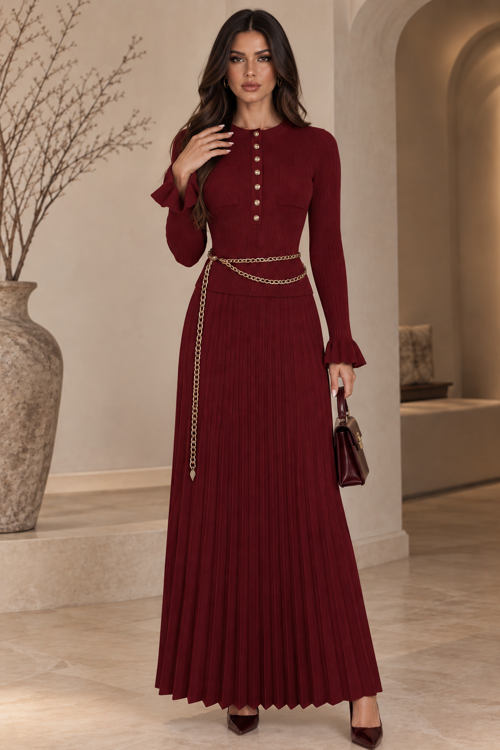 Jessica Bara Deborah Gold Button Long Sleeve Knit Top and Pleated Maxi Skirt Two Piece Set with Belt