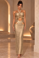 Jessica Bara Dencil Beaded Halter Cut Out Maxi Dress