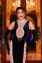 Jessica Bara Derava Crystal Fringe High Neck Velvet Gown with Gloves