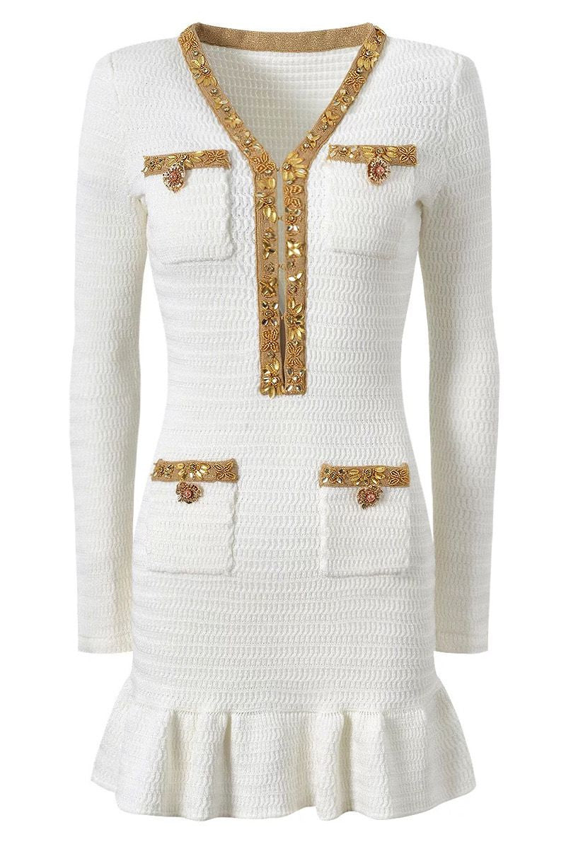 Jessica Bara Desha Gold Button Long Sleeve Mini Dress