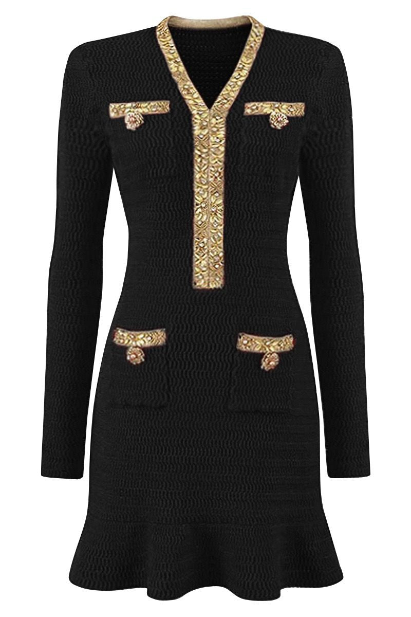 Jessica Bara Desha Gold Button Long Sleeve Mini Dress