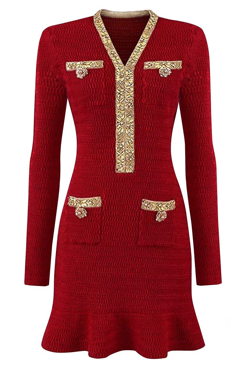 Jessica Bara Desha Gold Button Long Sleeve Mini Dress