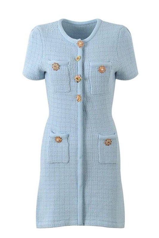 Jessica Bara Desmere Tweed Gold Button Mini Dress Jessica Bara Desmere Tweed Gold Button Mini Dress