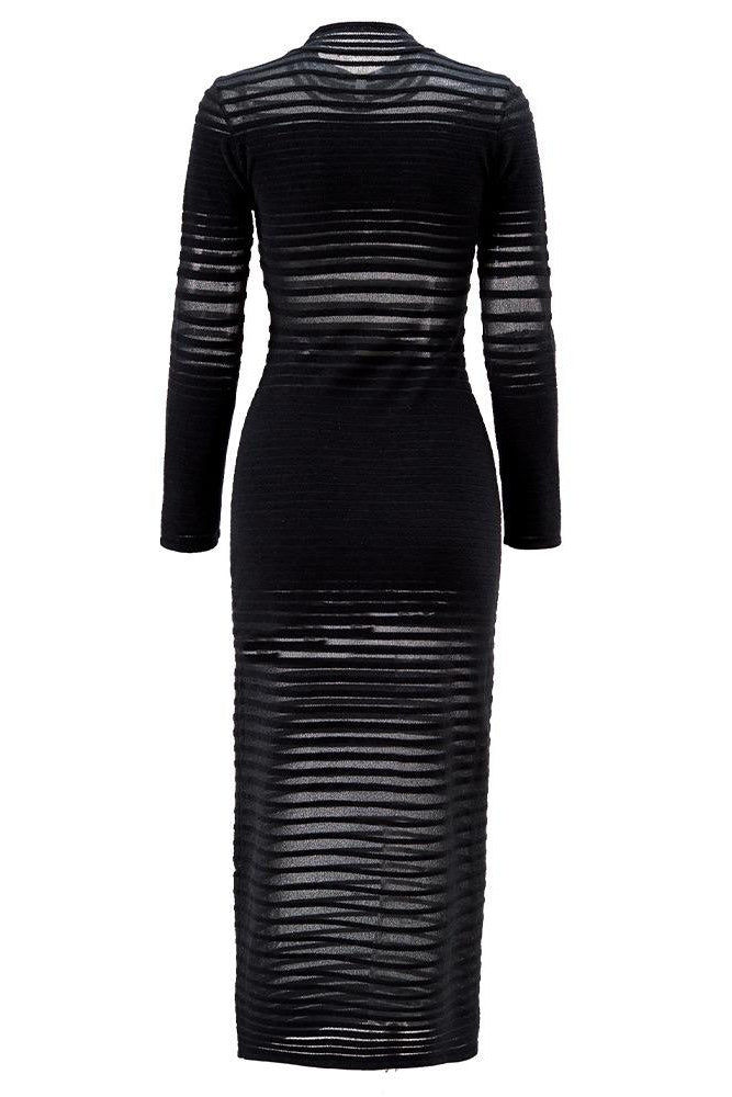 knee length dresses for ladies Kaitlin One Shoulder Slinky and Mesh Maxi Dress / Black | Meshki main image 1