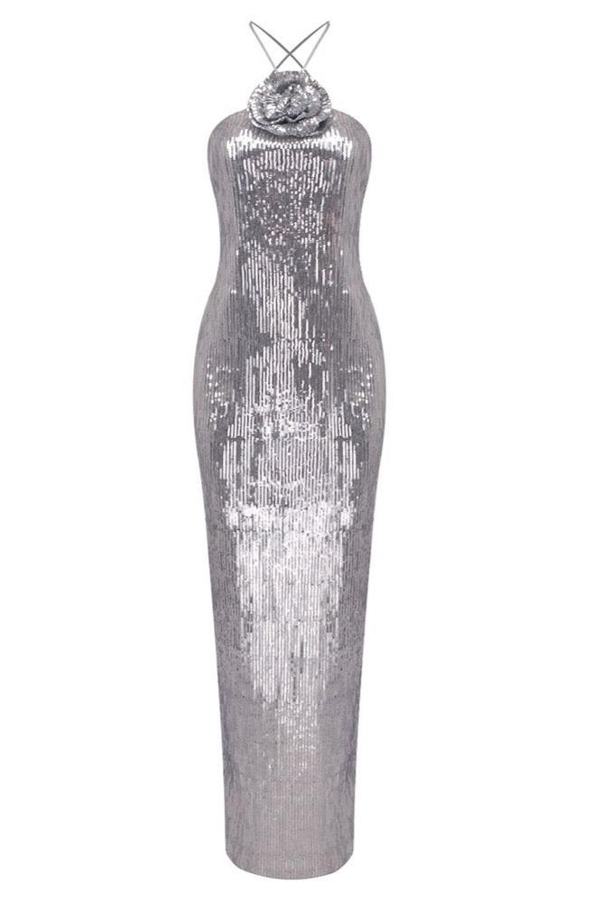 Jessica Bara Didee Sequin Flower Halter Backless Maxi Dress – JESSICA BARA