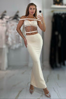 Jessica Bara Elsiera Crystal Off The Shoulder Top and Maxi Skirt Two Piece Set
