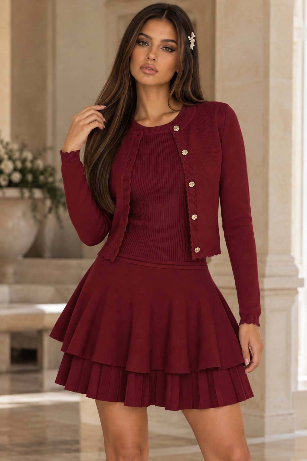 Jessica Bara Ember Knit Long Sleeve Cardigan and Mini Dress Two Piece Set