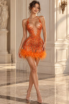 Jessica Bara Emvira Halter Neck Crystal Feather Mini Dress