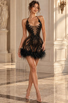 Jessica Bara Emvira Halter Neck Crystal Feather Mini Dress