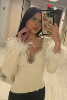 Jessica Bara Esmerana Crystal Beaded Long Sleeve Feather Sweater