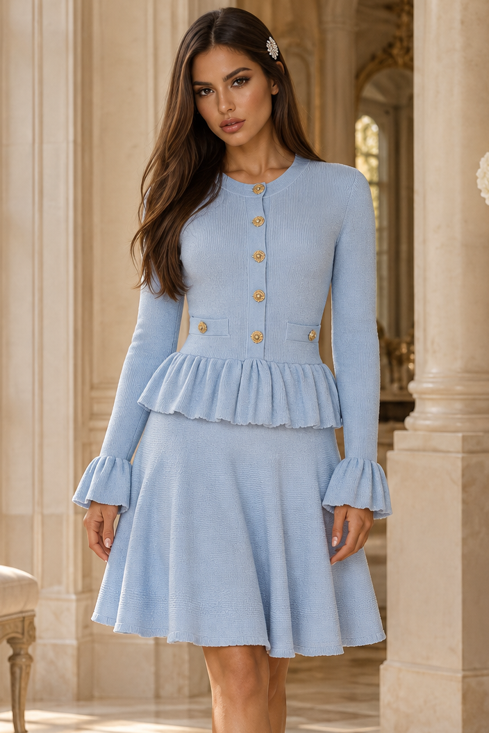 Jessica Bara Eurica Knit Gold Button Peplum Mini Dress