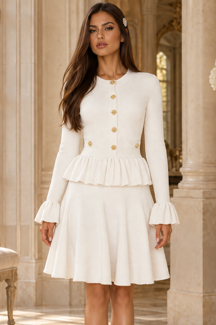 Jessica Bara Eurica Knit Gold Button Peplum Mini Dress