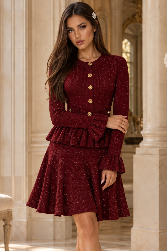 Jessica Bara Eurica Knit Gold Button Peplum Mini Dress