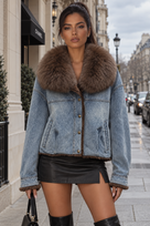 Jessica Bara Evelin Fur Collared Denim Jacket