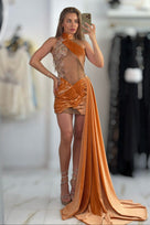 Jessica Bara Ezuri Halter Velvet Ruched Mini Dress