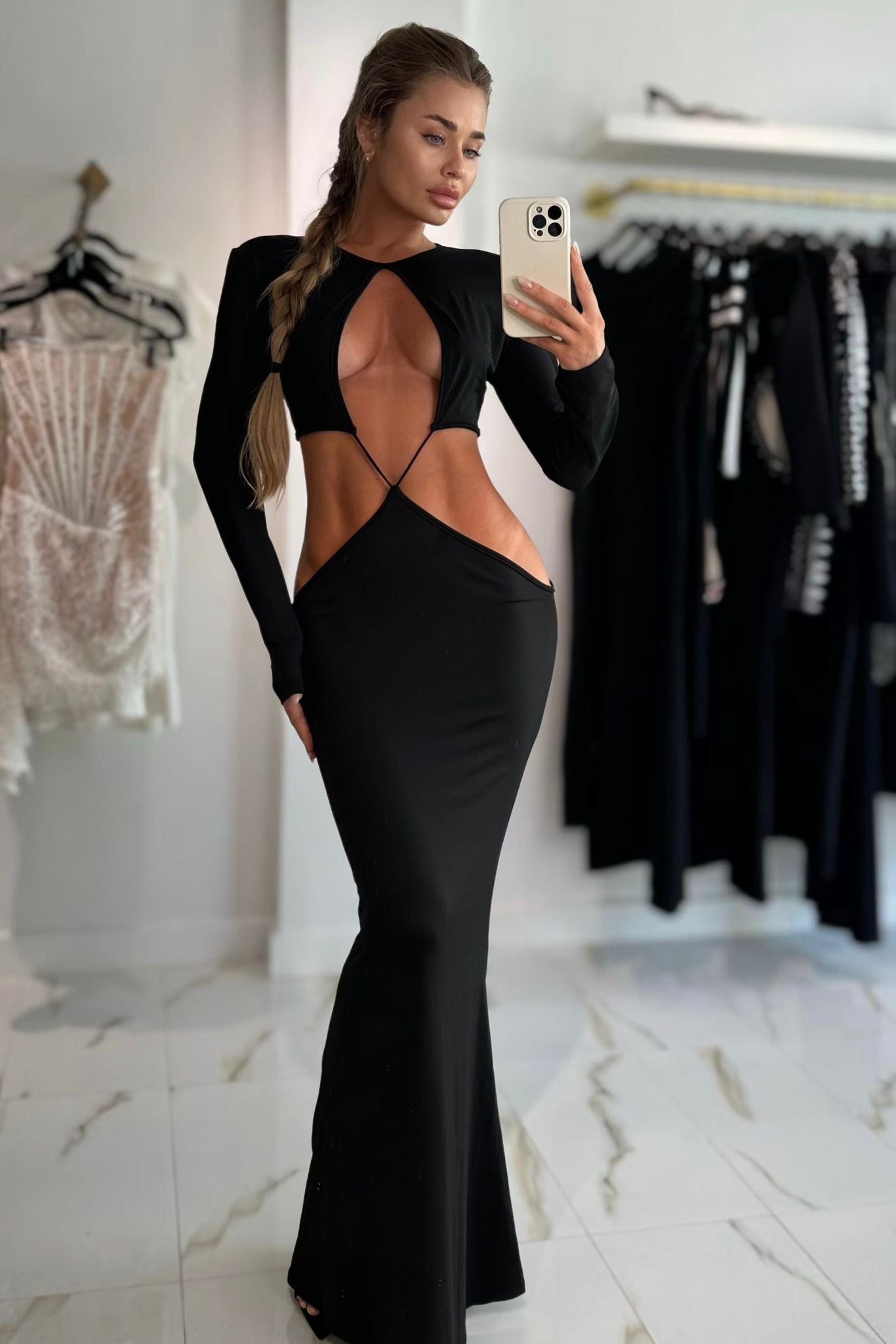 Jessica Bara Fecila Long Sleeve Cut Out Madi Dress