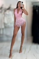 Jessica Bara Feishel Crystal Fringe Halter Neck Bodysuit